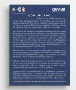 CAPAMA informa los avances y tiempo de espera aproximado de la reparación de un tubo en Cuauhtémoc